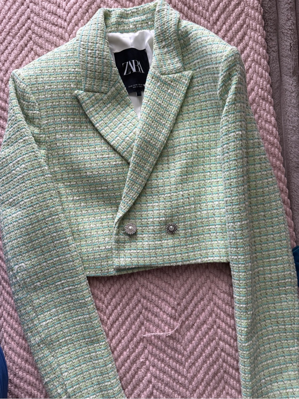Zara Cropped Tweed Blazer in Mint Green & White